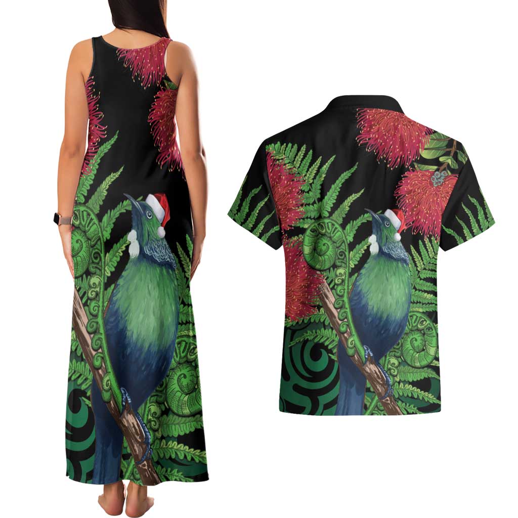 New Zealand Tui Bird Christmas Couples Matching Tank Maxi Dress and Hawaiian Shirt Maori Fern Mix Pohotukawa LT14 - Polynesian Pride