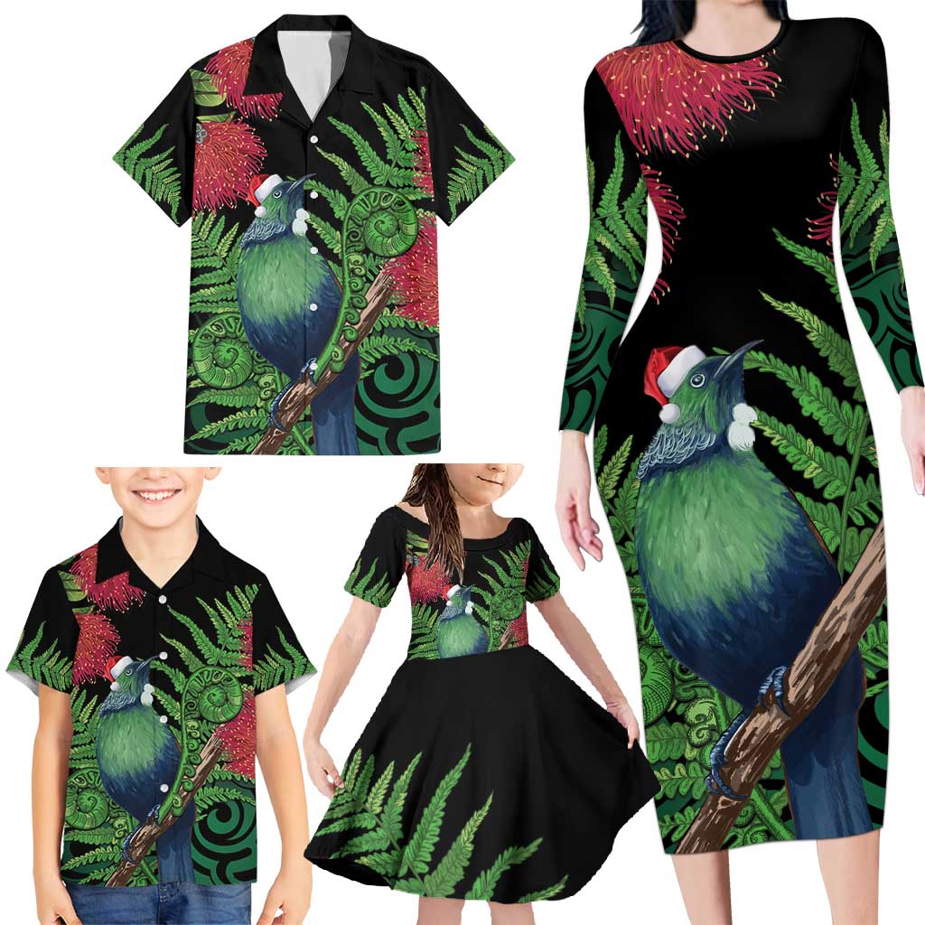 New Zealand Tui Bird Christmas Family Matching Long Sleeve Bodycon Dress and Hawaiian Shirt Maori Fern Mix Pohotukawa LT14 - Polynesian Pride