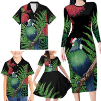 New Zealand Tui Bird Christmas Family Matching Long Sleeve Bodycon Dress and Hawaiian Shirt Maori Fern Mix Pohotukawa LT14 - Polynesian Pride