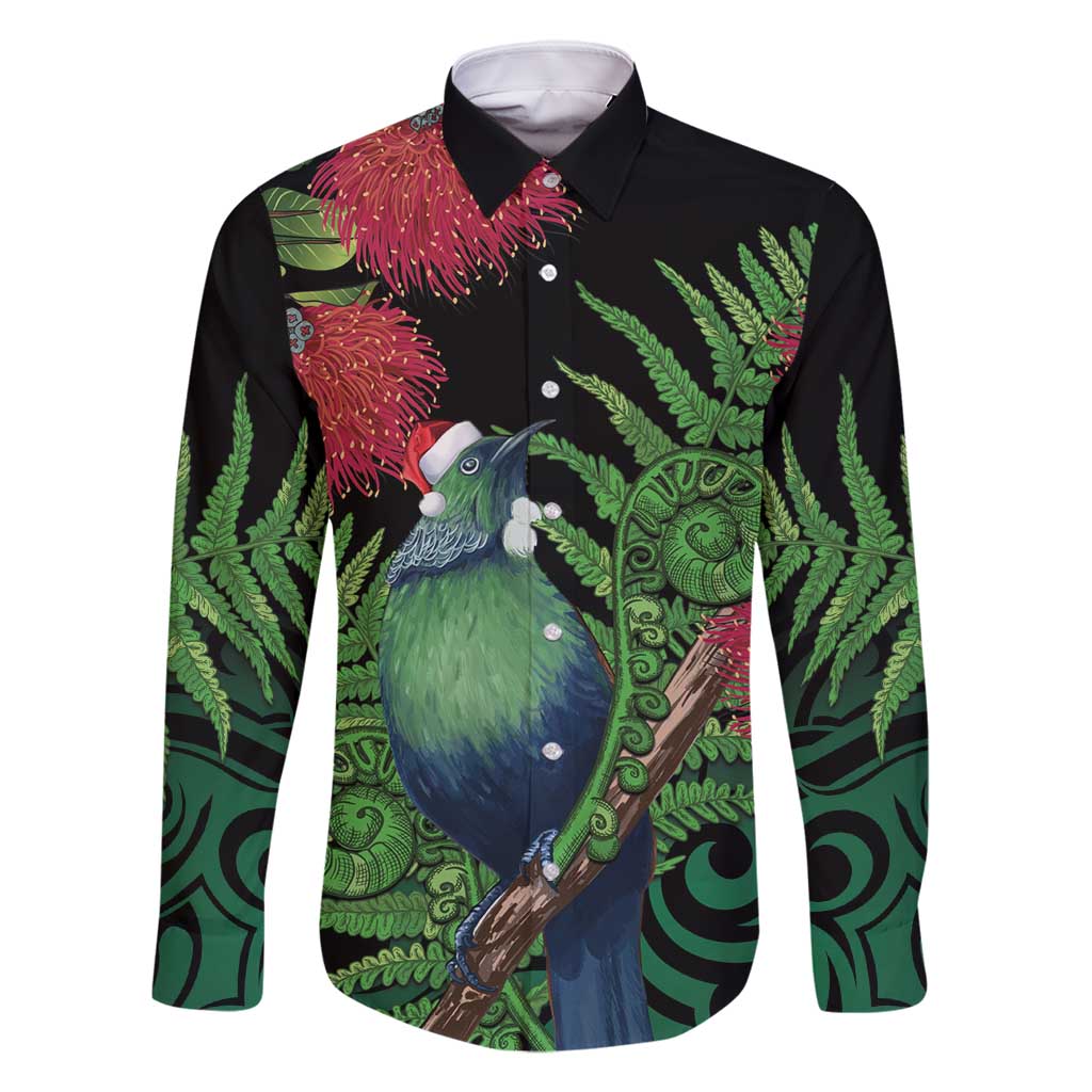 New Zealand Tui Bird Christmas Family Matching Long Sleeve Bodycon Dress and Hawaiian Shirt Maori Fern Mix Pohotukawa LT14 Dad's Shirt - Long Sleeve Black - Polynesian Pride