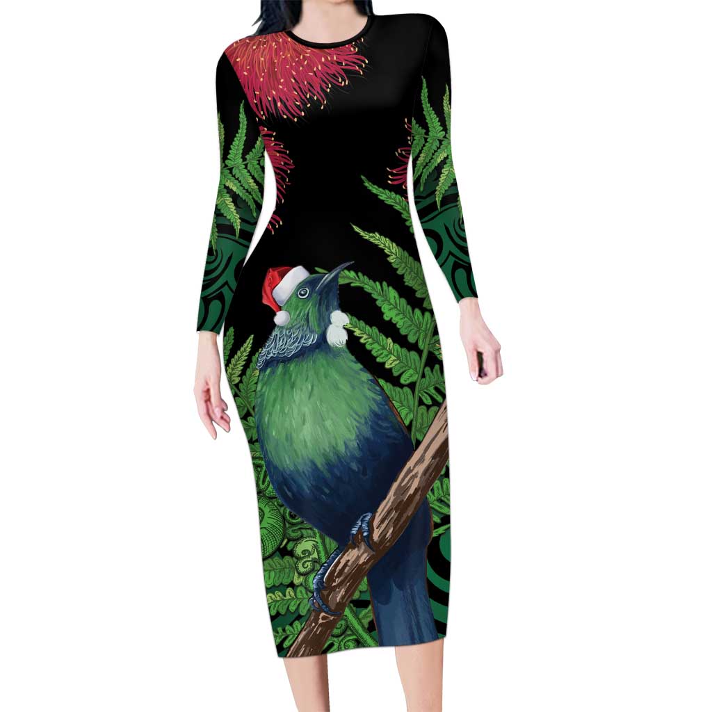 New Zealand Tui Bird Christmas Family Matching Long Sleeve Bodycon Dress and Hawaiian Shirt Maori Fern Mix Pohotukawa LT14 Mom's Dress Black - Polynesian Pride