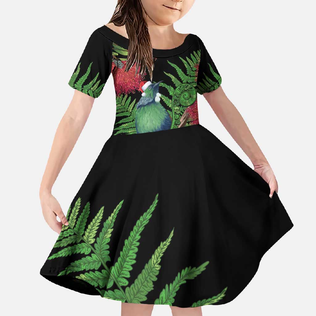 New Zealand Tui Bird Christmas Family Matching Mermaid Dress and Hawaiian Shirt Maori Fern Mix Pohotukawa LT14 Daughter's Dress Black - Polynesian Pride