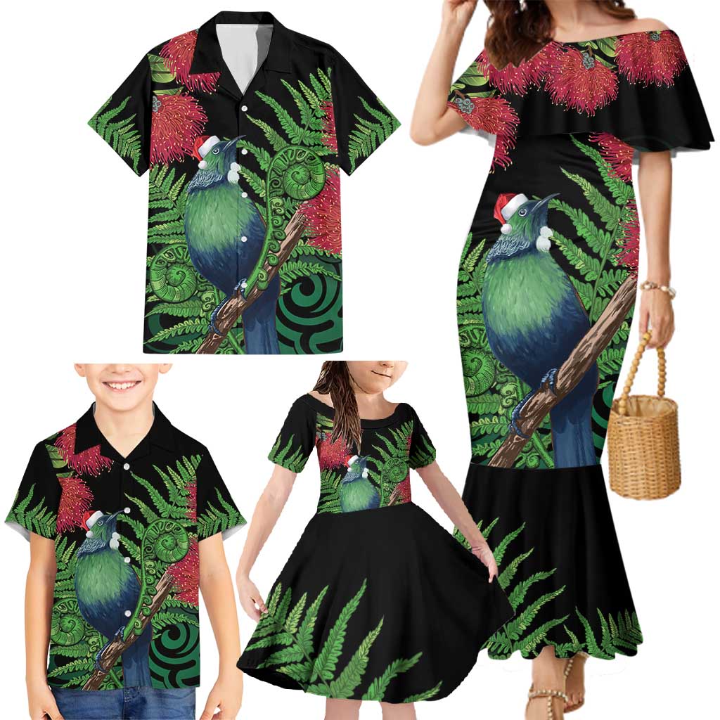 New Zealand Tui Bird Christmas Family Matching Mermaid Dress and Hawaiian Shirt Maori Fern Mix Pohotukawa LT14 - Polynesian Pride