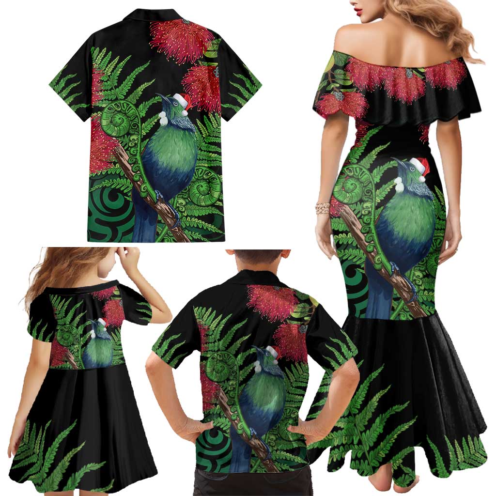 New Zealand Tui Bird Christmas Family Matching Mermaid Dress and Hawaiian Shirt Maori Fern Mix Pohotukawa LT14 - Polynesian Pride