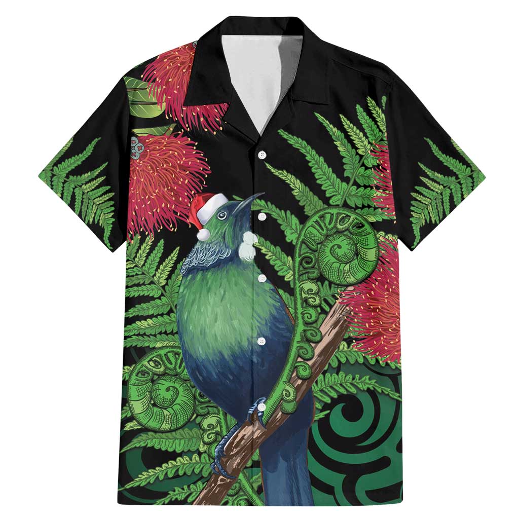 New Zealand Tui Bird Christmas Family Matching Mermaid Dress and Hawaiian Shirt Maori Fern Mix Pohotukawa LT14 Dad's Shirt - Short Sleeve Black - Polynesian Pride