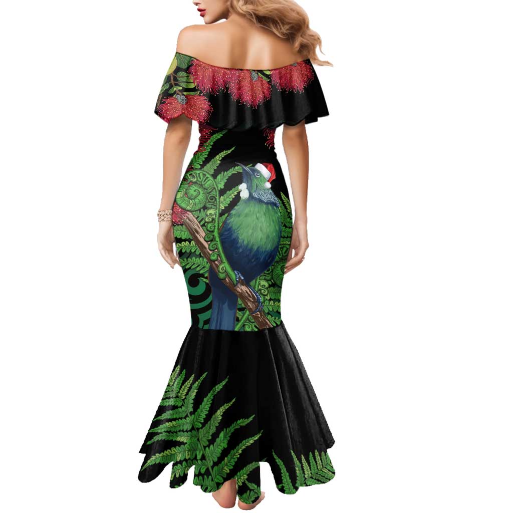 New Zealand Tui Bird Christmas Family Matching Mermaid Dress and Hawaiian Shirt Maori Fern Mix Pohotukawa LT14 - Polynesian Pride