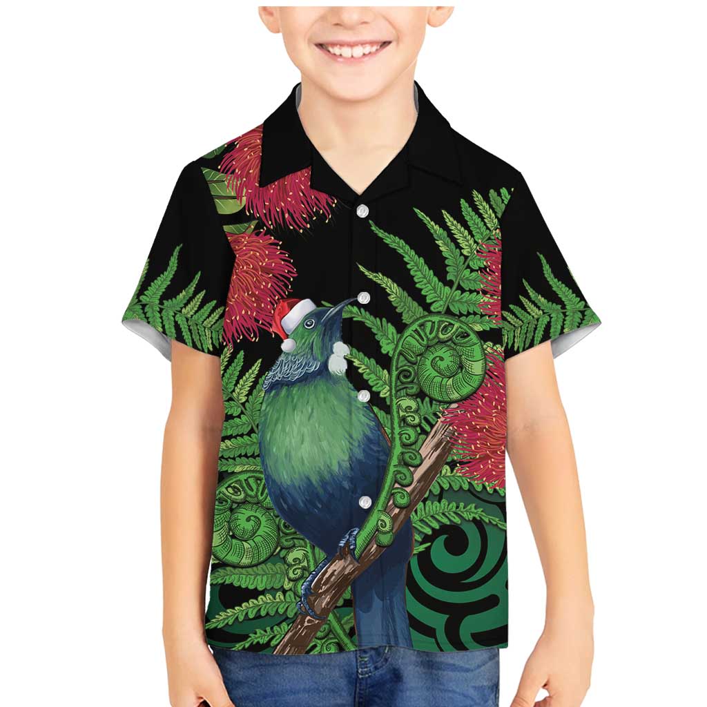 New Zealand Tui Bird Christmas Family Matching Mermaid Dress and Hawaiian Shirt Maori Fern Mix Pohotukawa LT14 Son's Shirt Black - Polynesian Pride