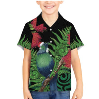 New Zealand Tui Bird Christmas Family Matching Mermaid Dress and Hawaiian Shirt Maori Fern Mix Pohotukawa LT14 Son's Shirt Black - Polynesian Pride