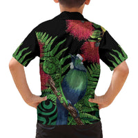 New Zealand Tui Bird Christmas Family Matching Off The Shoulder Long Sleeve Dress and Hawaiian Shirt Maori Fern Mix Pohotukawa LT14 - Polynesian Pride