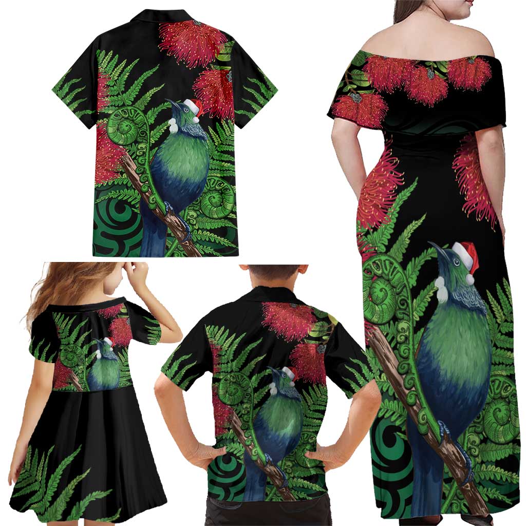 New Zealand Tui Bird Christmas Family Matching Off Shoulder Maxi Dress and Hawaiian Shirt Maori Fern Mix Pohotukawa LT14 - Polynesian Pride