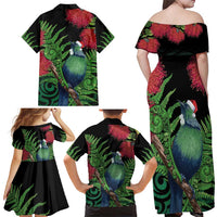 New Zealand Tui Bird Christmas Family Matching Off Shoulder Maxi Dress and Hawaiian Shirt Maori Fern Mix Pohotukawa LT14 - Polynesian Pride