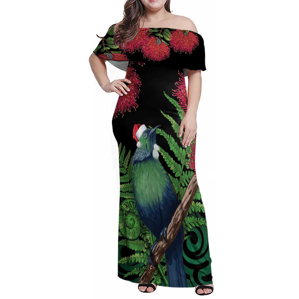 New Zealand Tui Bird Christmas Family Matching Off Shoulder Maxi Dress and Hawaiian Shirt Maori Fern Mix Pohotukawa LT14 Mom's Dress Black - Polynesian Pride