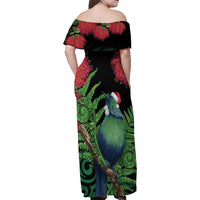 New Zealand Tui Bird Christmas Family Matching Off Shoulder Maxi Dress and Hawaiian Shirt Maori Fern Mix Pohotukawa LT14 - Polynesian Pride