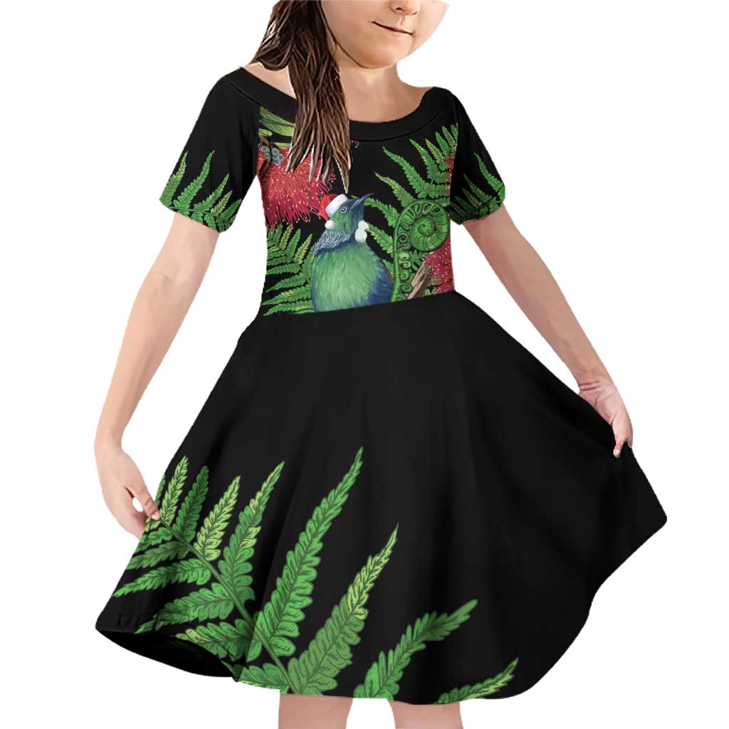 New Zealand Tui Bird Christmas Family Matching Off Shoulder Short Dress and Hawaiian Shirt Maori Fern Mix Pohotukawa LT14 Daughter's Dress Black - Polynesian Pride