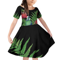 New Zealand Tui Bird Christmas Family Matching Off Shoulder Short Dress and Hawaiian Shirt Maori Fern Mix Pohotukawa LT14 Daughter's Dress Black - Polynesian Pride
