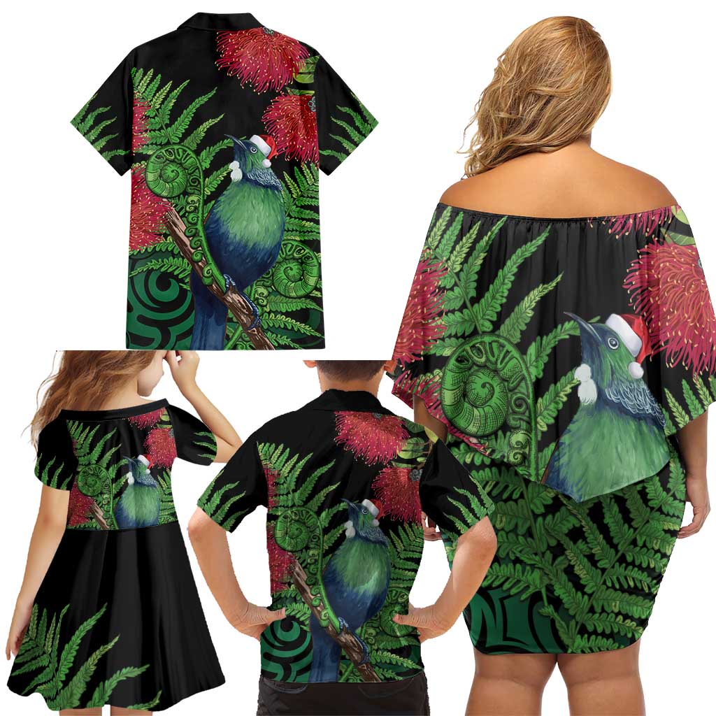 New Zealand Tui Bird Christmas Family Matching Off Shoulder Short Dress and Hawaiian Shirt Maori Fern Mix Pohotukawa LT14 - Polynesian Pride