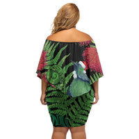 New Zealand Tui Bird Christmas Family Matching Off Shoulder Short Dress and Hawaiian Shirt Maori Fern Mix Pohotukawa LT14 - Polynesian Pride