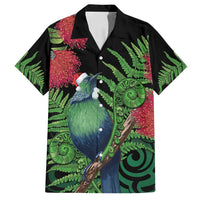 New Zealand Tui Bird Christmas Family Matching Puletasi and Hawaiian Shirt Maori Fern Mix Pohotukawa LT14 Dad's Shirt - Short Sleeve Black - Polynesian Pride