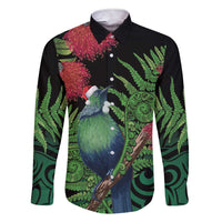 New Zealand Tui Bird Christmas Family Matching Short Sleeve Bodycon Dress and Hawaiian Shirt Maori Fern Mix Pohotukawa LT14 Dad's Shirt - Long Sleeve Black - Polynesian Pride