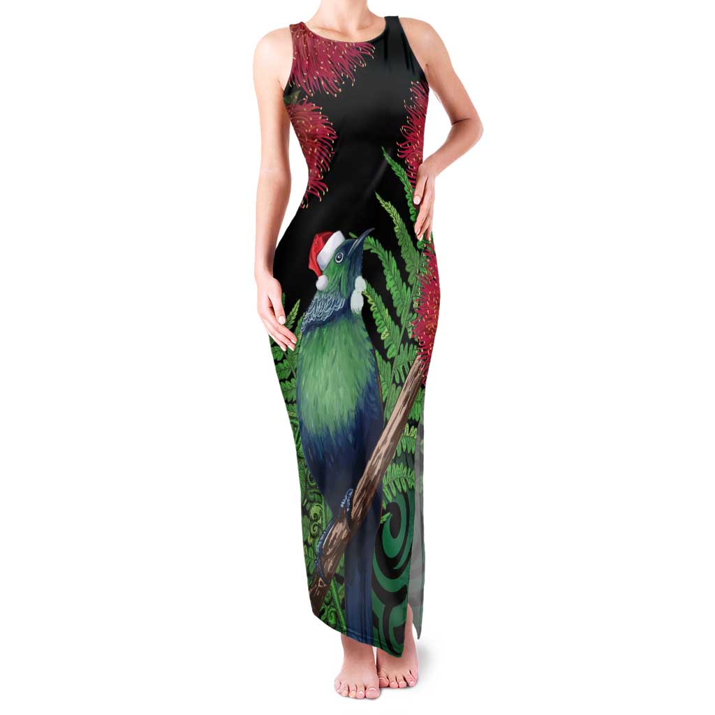 New Zealand Tui Bird Christmas Family Matching Tank Maxi Dress and Hawaiian Shirt Maori Fern Mix Pohotukawa LT14 Mom's Dress Black - Polynesian Pride