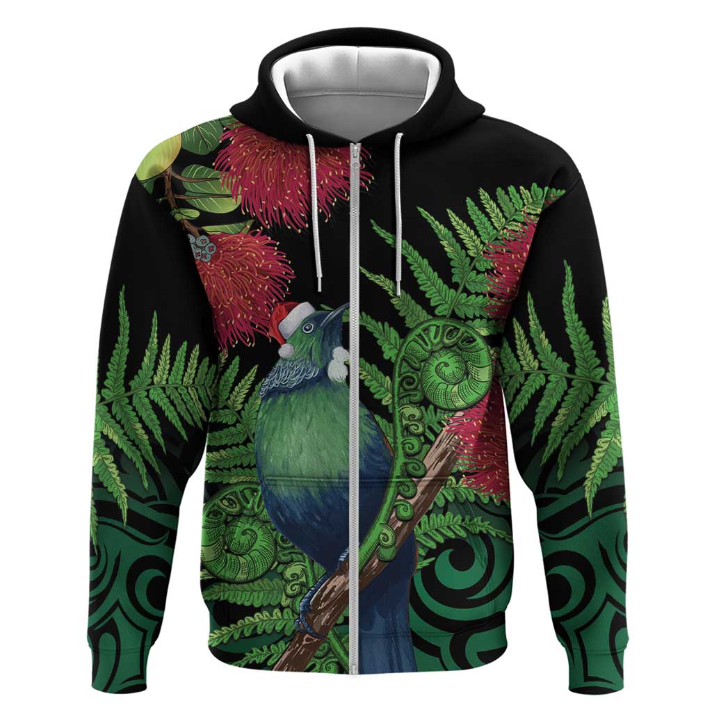 New Zealand Tui Bird Christmas Hoodie Maori Fern Mix Pohotukawa LT14 Zip Hoodie Black - Polynesian Pride