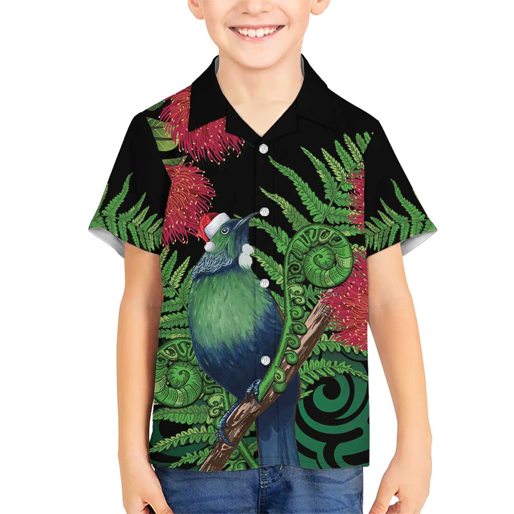 New Zealand Tui Bird Christmas Kid Hawaiian Shirt Maori Fern Mix Pohotukawa LT14 Kid Black - Polynesian Pride