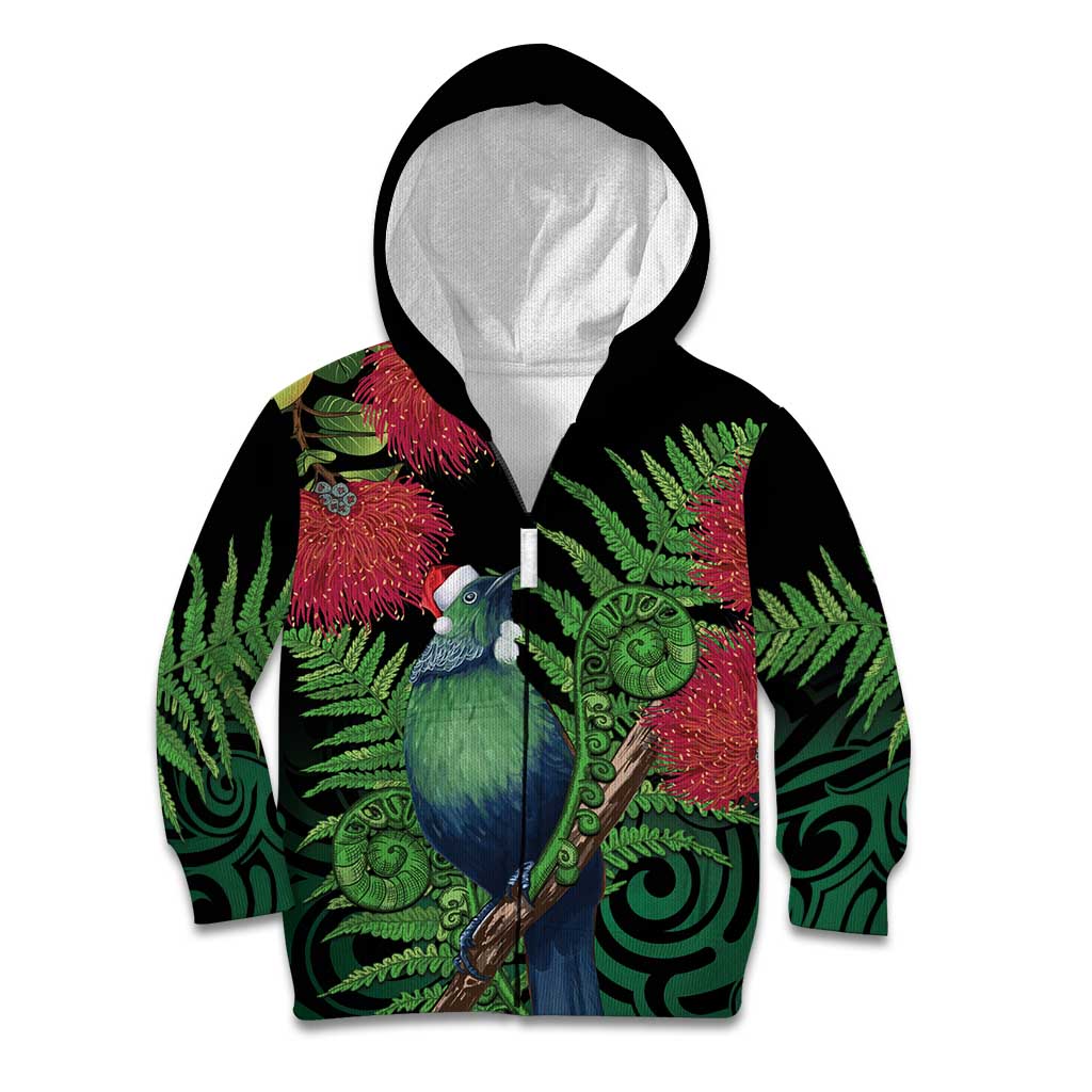 New Zealand Tui Bird Christmas Kid Hoodie Maori Fern Mix Pohotukawa LT14 Zip Hoodie Black - Polynesian Pride