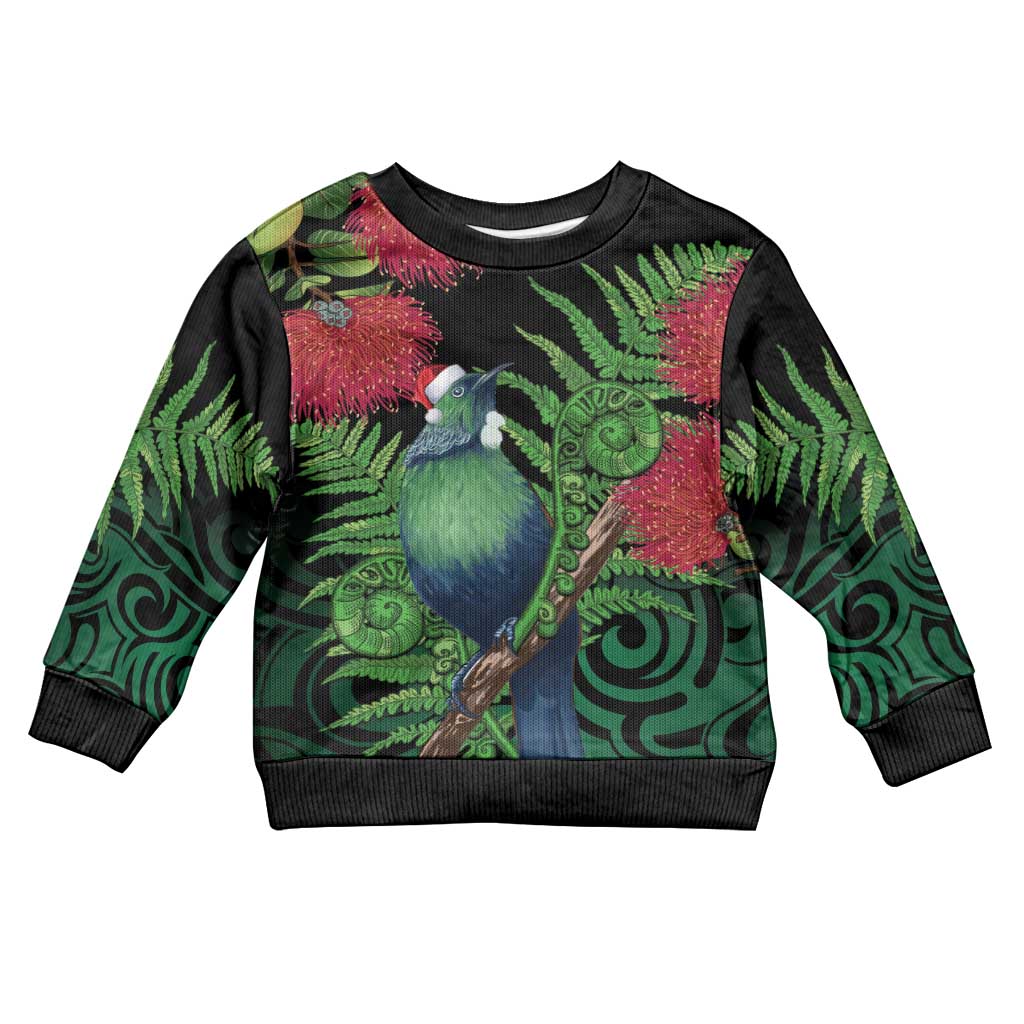 New Zealand Tui Bird Christmas Kid Ugly Christmas Sweater Maori Fern Mix Pohotukawa LT14 Kid Black - Polynesian Pride