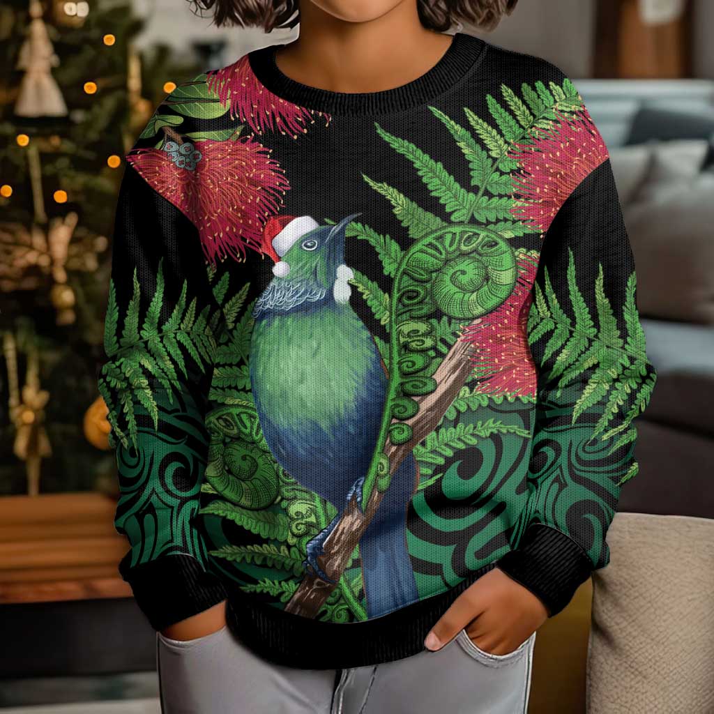 New Zealand Tui Bird Christmas Kid Ugly Christmas Sweater Maori Fern Mix Pohotukawa LT14 - Polynesian Pride