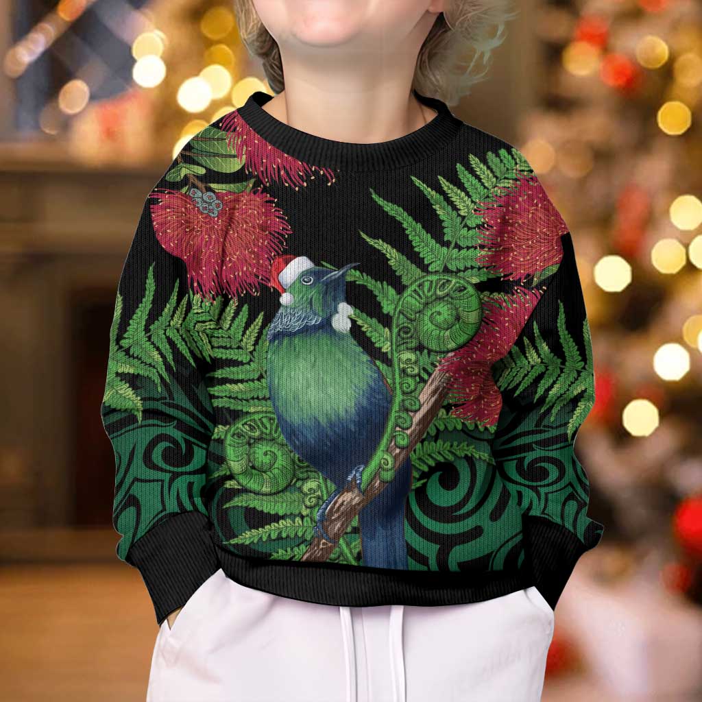 New Zealand Tui Bird Christmas Kid Ugly Christmas Sweater Maori Fern Mix Pohotukawa LT14 - Polynesian Pride