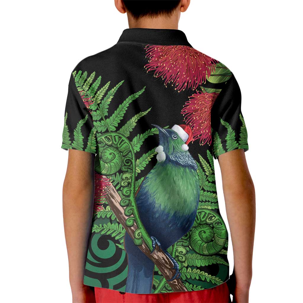New Zealand Tui Bird Christmas Kid Polo Shirt Maori Fern Mix Pohotukawa LT14 - Polynesian Pride