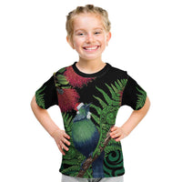 New Zealand Tui Bird Christmas Kid T Shirt Maori Fern Mix Pohotukawa LT14 Black - Polynesian Pride