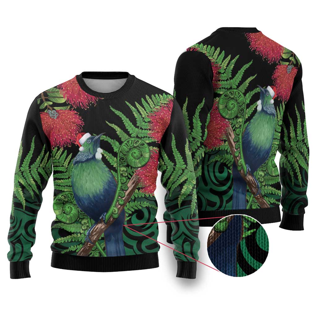 New Zealand Tui Bird Christmas Ugly Christmas Sweater Maori Fern Mix Pohotukawa LT14 Black - Polynesian Pride
