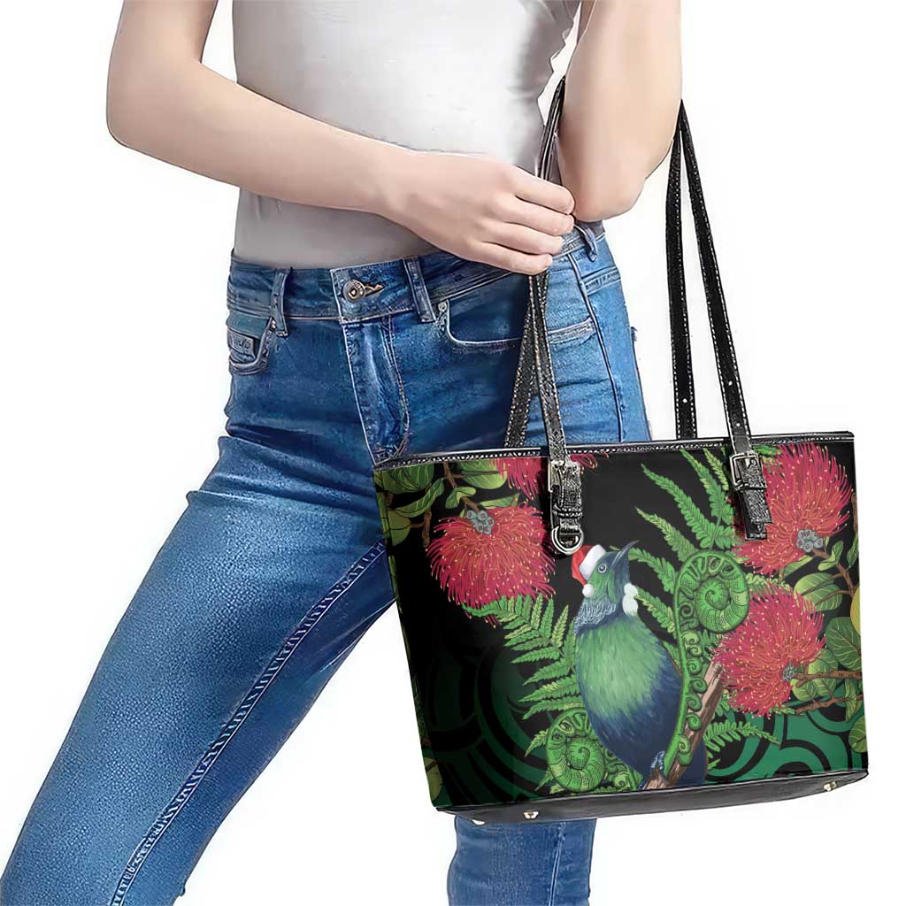 New Zealand Tui Bird Christmas Leather Tote Bag Maori Fern Mix Pohotukawa LT14 - Polynesian Pride