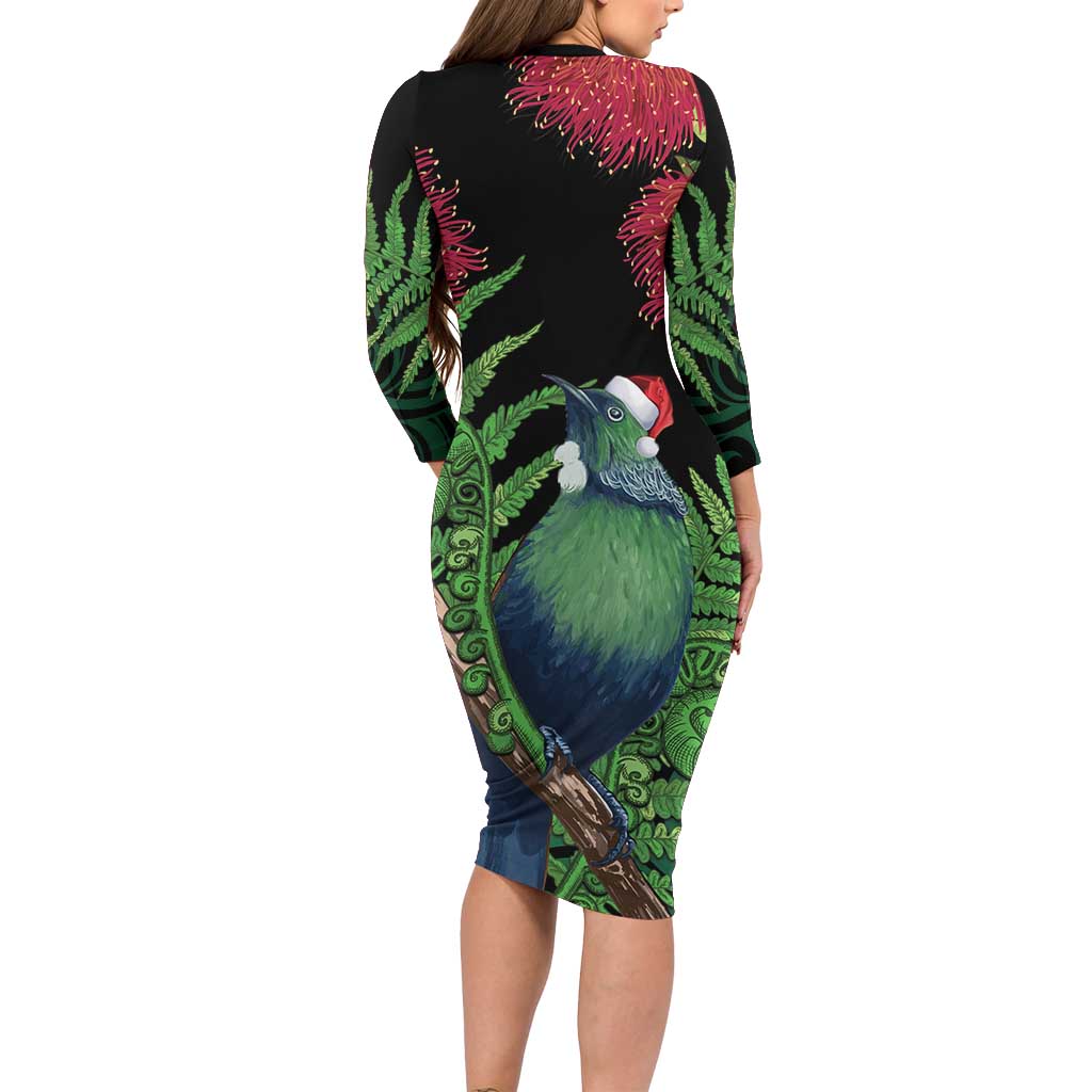 New Zealand Tui Bird Christmas Long Sleeve Bodycon Dress Maori Fern Mix Pohotukawa LT14 - Polynesian Pride