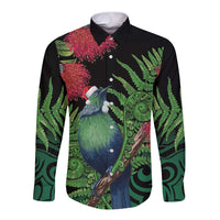 New Zealand Tui Bird Christmas Long Sleeve Button Shirt Maori Fern Mix Pohotukawa LT14 Unisex Black - Polynesian Pride