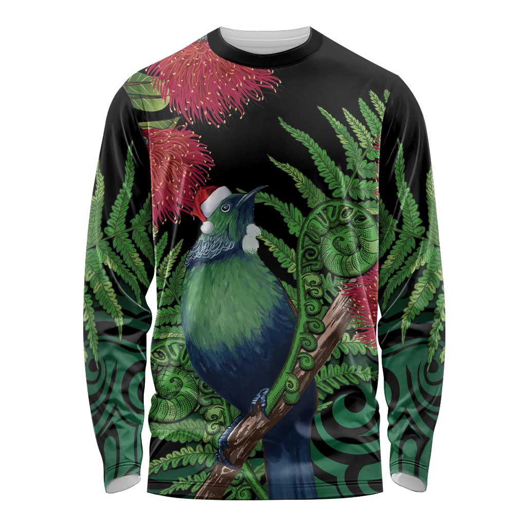 New Zealand Tui Bird Christmas Long Sleeve Shirt Maori Fern Mix Pohotukawa LT14 Unisex Black - Polynesian Pride