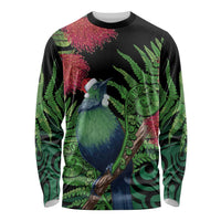 New Zealand Tui Bird Christmas Long Sleeve Shirt Maori Fern Mix Pohotukawa LT14 Unisex Black - Polynesian Pride