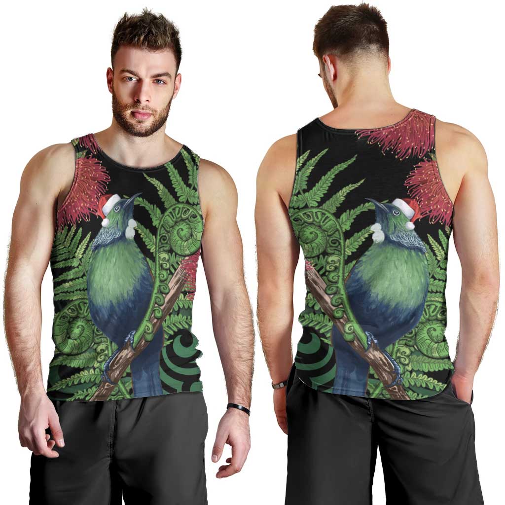 New Zealand Tui Bird Christmas Men Tank Top Maori Fern Mix Pohotukawa