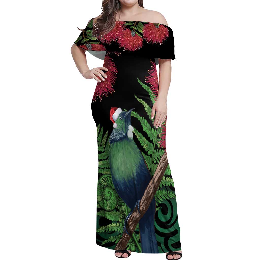 New Zealand Tui Bird Christmas Off Shoulder Maxi Dress Maori Fern Mix Pohotukawa LT14 Women Black - Polynesian Pride