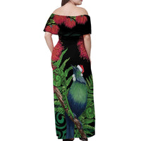 New Zealand Tui Bird Christmas Off Shoulder Maxi Dress Maori Fern Mix Pohotukawa LT14 - Polynesian Pride