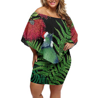 New Zealand Tui Bird Christmas Off Shoulder Short Dress Maori Fern Mix Pohotukawa LT14 Women Black - Polynesian Pride