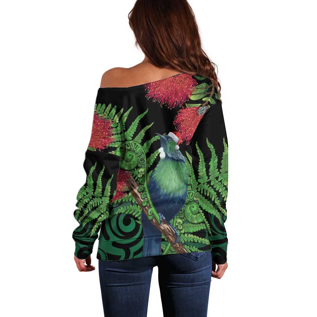 New Zealand Tui Bird Christmas Off Shoulder Sweater Maori Fern Mix Pohotukawa LT14 - Polynesian Pride