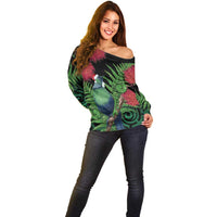 New Zealand Tui Bird Christmas Off Shoulder Sweater Maori Fern Mix Pohotukawa LT14 - Polynesian Pride