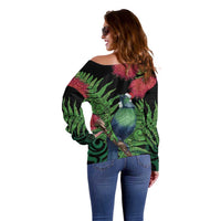 New Zealand Tui Bird Christmas Off Shoulder Sweater Maori Fern Mix Pohotukawa LT14 - Polynesian Pride