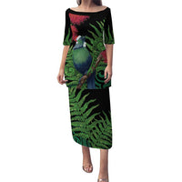 New Zealand Tui Bird Christmas Puletasi Maori Fern Mix Pohotukawa LT14 Long Dress Black - Polynesian Pride