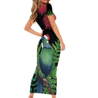 New Zealand Tui Bird Christmas Short Sleeve Bodycon Dress Maori Fern Mix Pohotukawa LT14 - Polynesian Pride