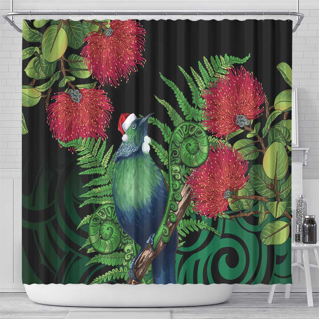 New Zealand Tui Bird Christmas Shower Curtain Maori Fern Mix Pohotukawa LT14 - Polynesian Pride