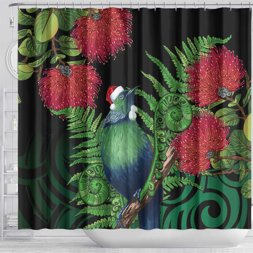 New Zealand Tui Bird Christmas Shower Curtain Maori Fern Mix Pohotukawa LT14 - Polynesian Pride