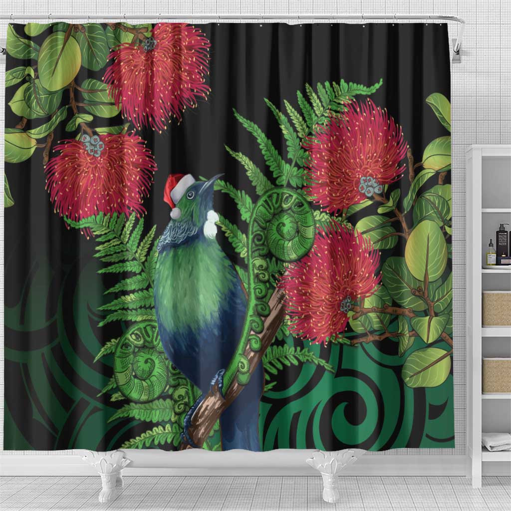 New Zealand Tui Bird Christmas Shower Curtain Maori Fern Mix Pohotukawa LT14 - Polynesian Pride